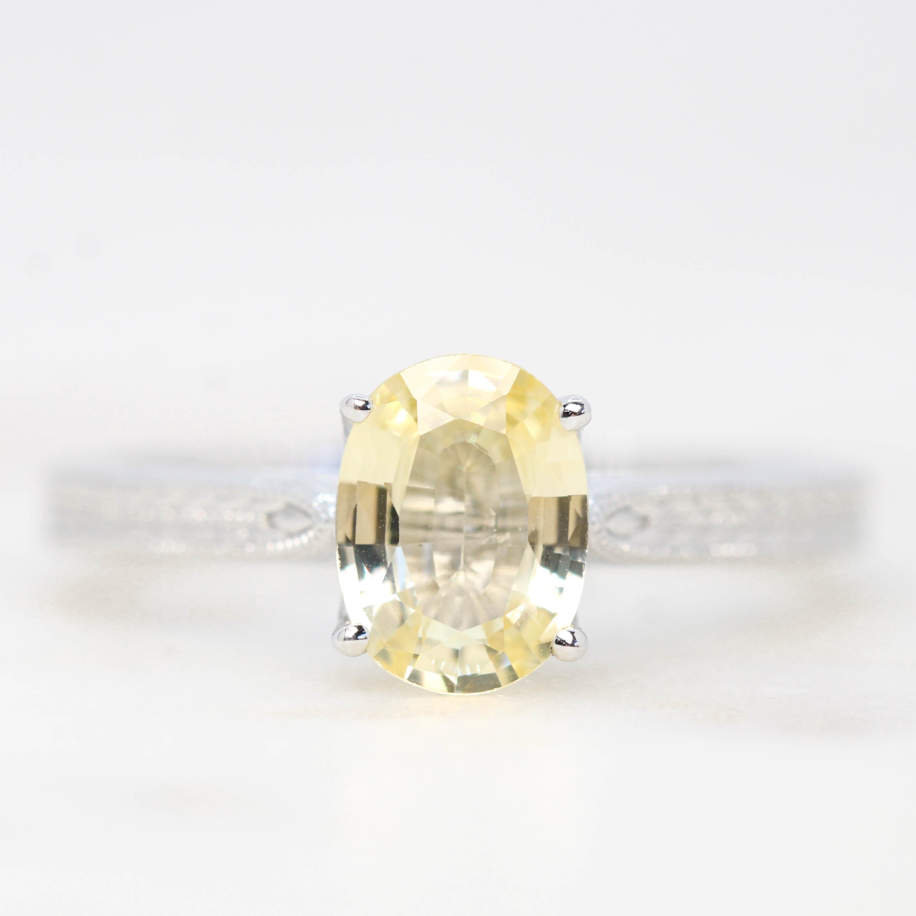 Edith Ring with A 1.28 Carat Yellow Oval Sapphire in 14K White Gold - Ready to Size and Ship