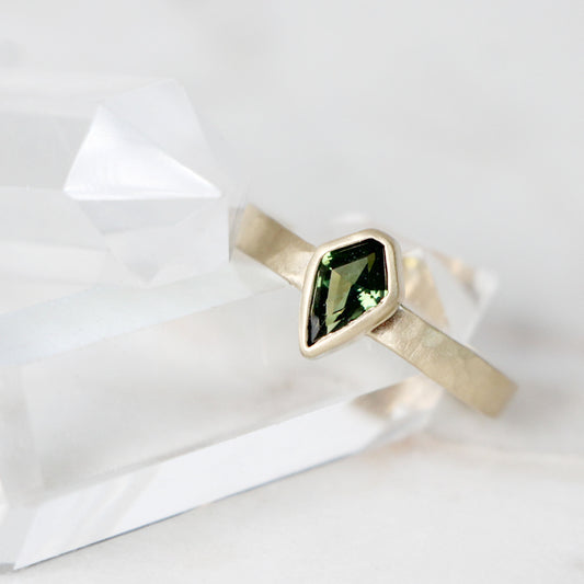 Project: Custom 1 Carat Bezel Set Green Kite Sapphire Ring in 14k