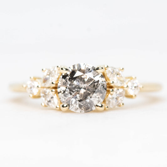 Andia Ring with a 1.10 Carat Round Gray Salt and Pepper Diamond and White Accent Diamonds in 14k Yellow Gold - Ready to Size and Ship