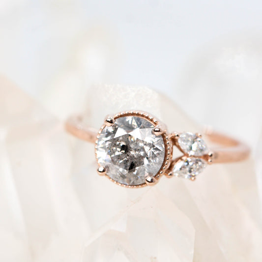 Ariana Ring with a 1.54 Carat Round Salt and Pepper Diamond with White Diamond Accents in 14k Rose Gold