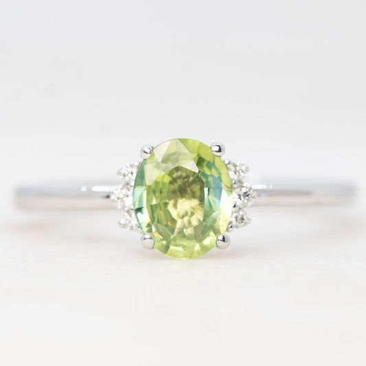 Ava Ring with a 1.02 Carat Green Oval Sapphire and White Accent Diamonds in 14k White Gold - Ready to Size and Ship