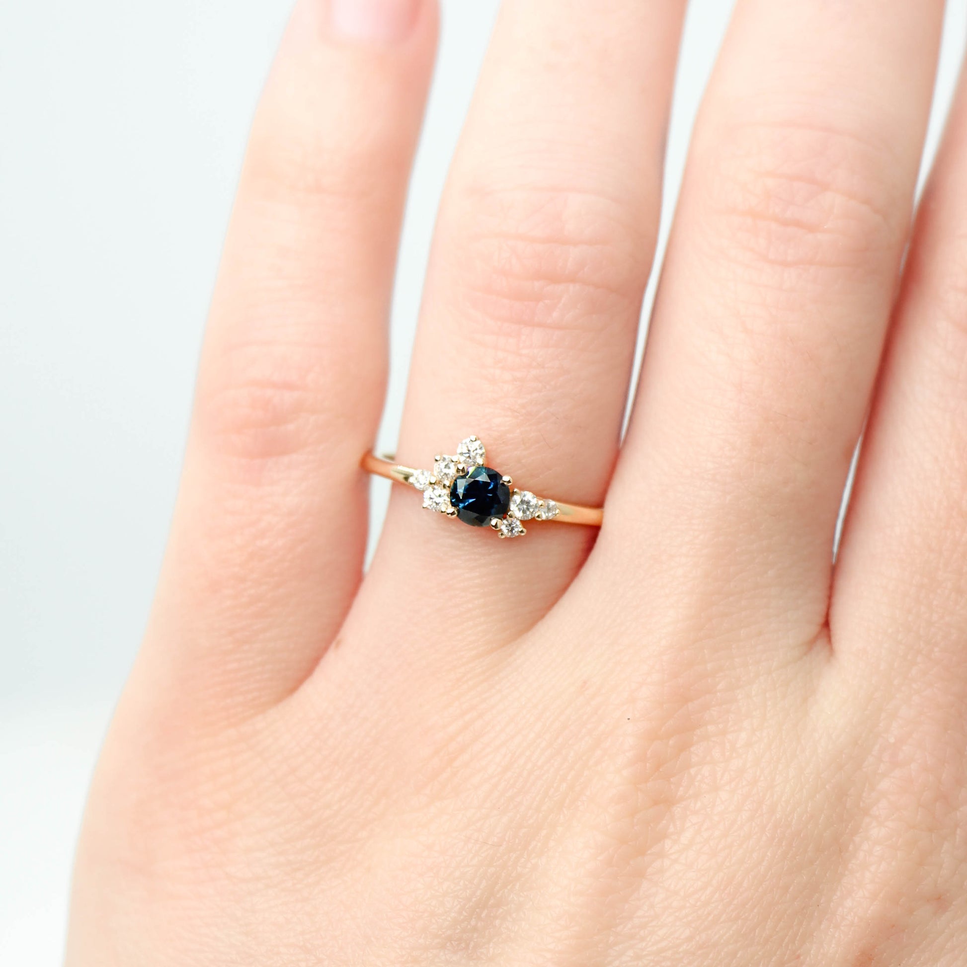 Baby Orion Ring with a 0.44 Carat Deep Blue Sapphire and White Accent Diamonds in 14k Yellow Gold - Ready to Size and Ship - Midwinter Co. Alternative Bridal Rings and Modern Fine Jewelry