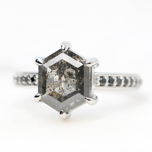 Project: Custom Tatum Ring with 2.5 Carat Semi-Translucent Black Hexagon Salt and Pepper Diamond with White Pave Diamonds in 14k