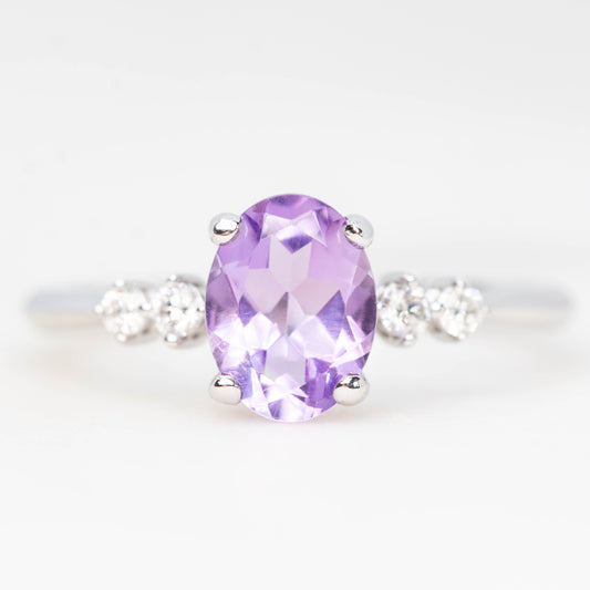 Cordelia Ring with a 1.10 Carat Oval Amethyst and White Accent Diamonds in 14k White Gold - Ready to Size and Ship