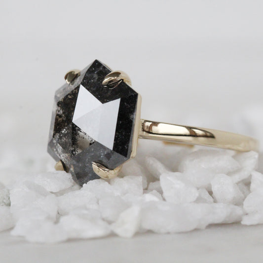 Project: Custom Elle Ring with 4 carat black hexagon semi translucent salt and pepper celestial diamond solitaire in 14k