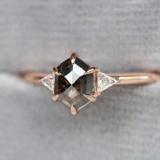 Project: Custom 1 Carat Hexagon Salt and Pepper Black Gray Rose Cut Diamond and White Triangle Accent Diamonds in 14k