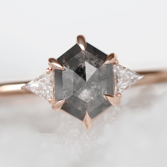 Project: Custom 1 Carat Hexagon Salt and Pepper Black Gray Rose Cut Diamond and White Triangle Accent Diamonds in 14k