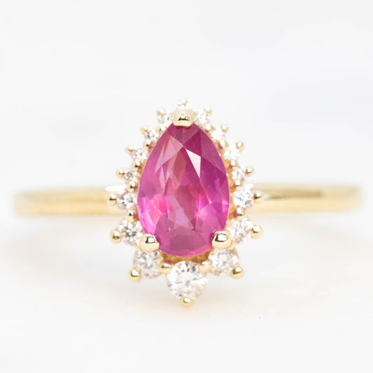 Eleanor Ring with a 1.22 Carat Pink Pear Sapphire Ruby and White Accent Diamonds in 14k Yellow Gold - Ready to Size and Ship