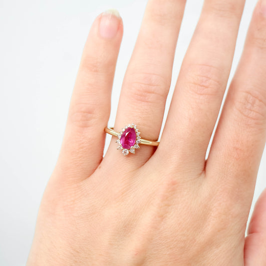 Eleanor Ring with a 1.22 Carat Pink Pear Sapphire Ruby and White Accent Diamonds in 14k Yellow Gold - Ready to Size and Ship