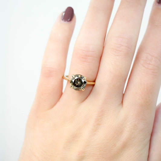 Elle Ring with a 3.05 Carat Round Dark and Clear Champagne Diamond in 14k Yellow Gold - Ready to Size and Ship