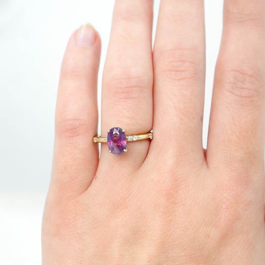 Estelle Ring with a 1.81 Carat Pink and Purple Oval Sapphire and White Accent Diamonds in 14k Yellow Gold - Ready to Size and Ship