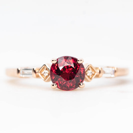 Esther Ring with a 1.27 Carat Round Garnet and White Accent Diamonds in 14k Rose Gold - Ready to Size and Ship