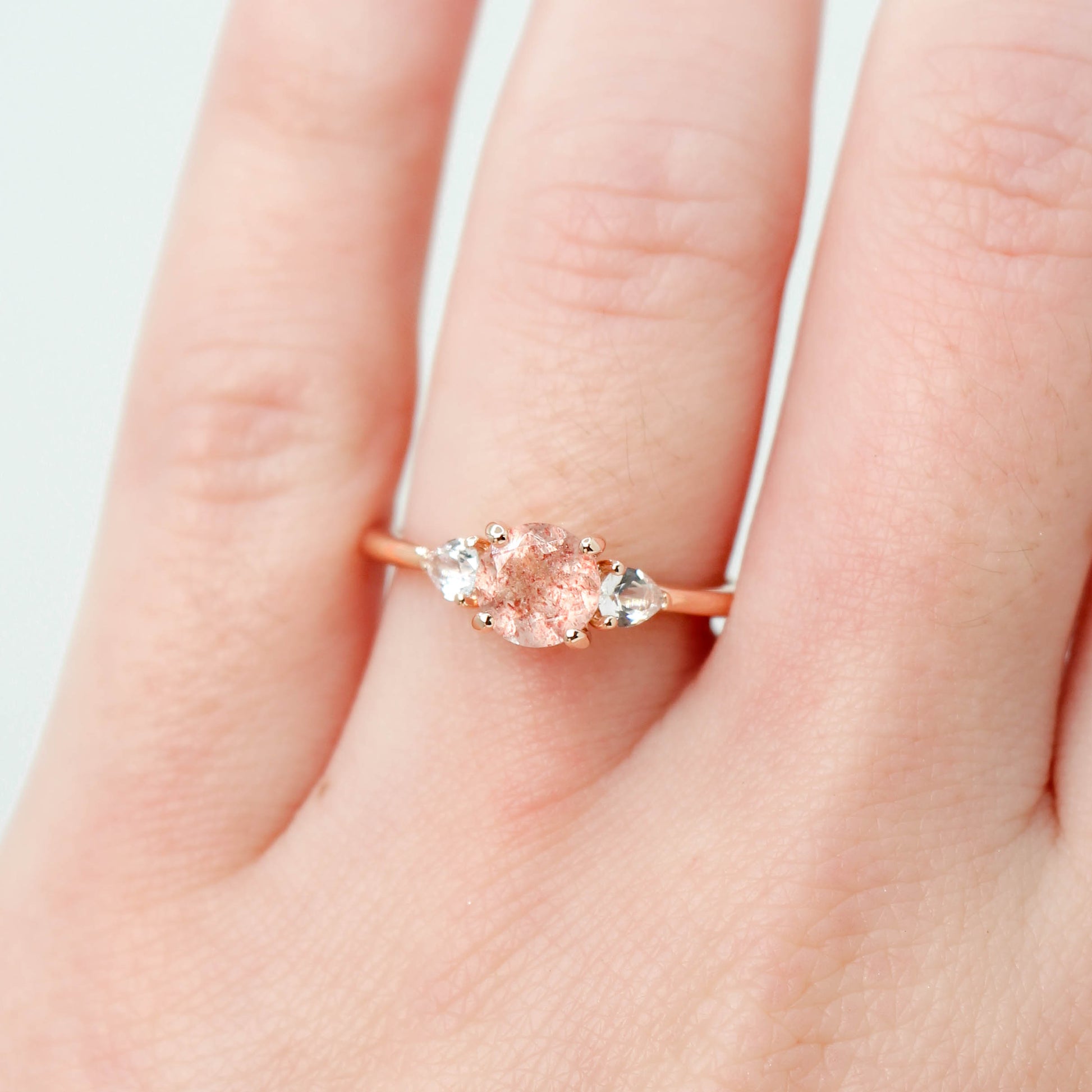 Hexagon Strawberry Quartz & Black Diamond Engagement Ring/pink