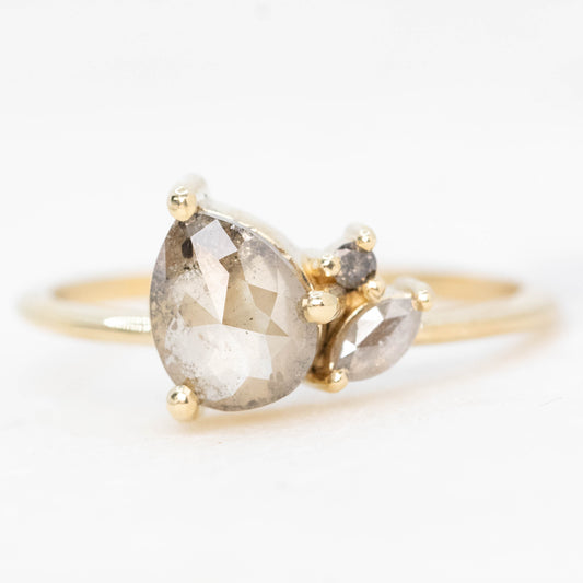 Francine Ring with a 0.97 Carat Champagne Dark and Clear Pear Diamond and Salt and Pepper Diamond Accents in 14k Yellow Gold - Ready to Size and Ship