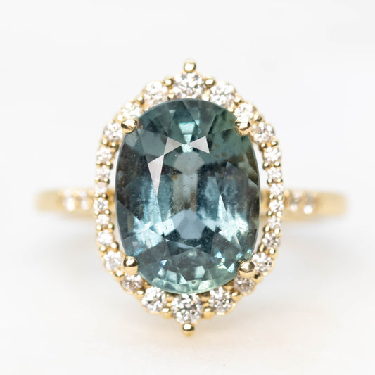 Grace Ring with a 5.85 Carat Teal Blue Oval Sapphire and White Accent Sapphires in 14k Yellow Gold - Ready to Size and Ship