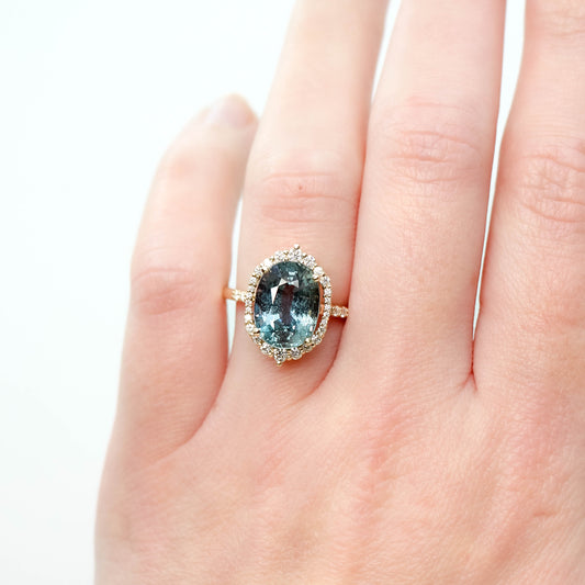 Grace Ring with a 5.85 Carat Teal Blue Oval Sapphire and White Accent Sapphires in 14k Yellow Gold - Ready to Size and Ship