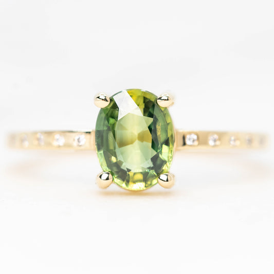 Heath Ring with a 1.20 Carat Green Oval Sapphire and White Accent Diamonds in 14k Yellow Gold - Ready to Size and Ship