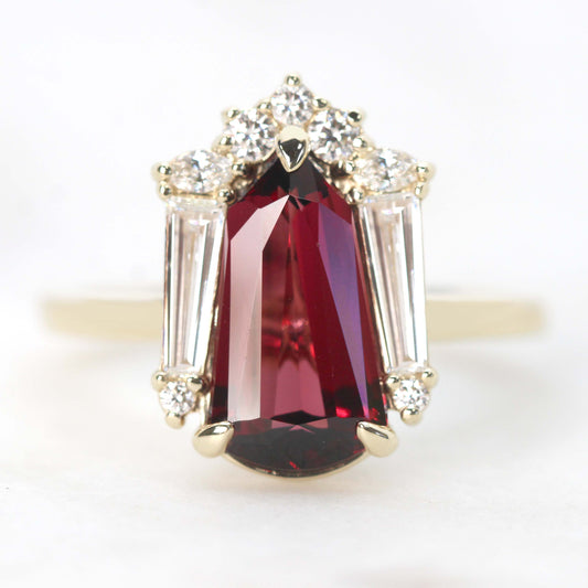 Christine Ring with a 2.68 Carat Shield Garnet and White Accent Diamonds in 14k Yellow Gold with Matching Band - Ready to Size and Ship - Midwinter Co. Alternative Bridal Rings and Modern Fine Jewelry