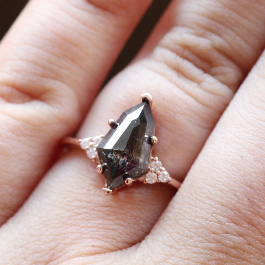 Project: Custom Imogene ring with 2 Carat Geometric Shield Cut Black Gray Salt and Pepper Diamond and White Accent Diamonds in 14k