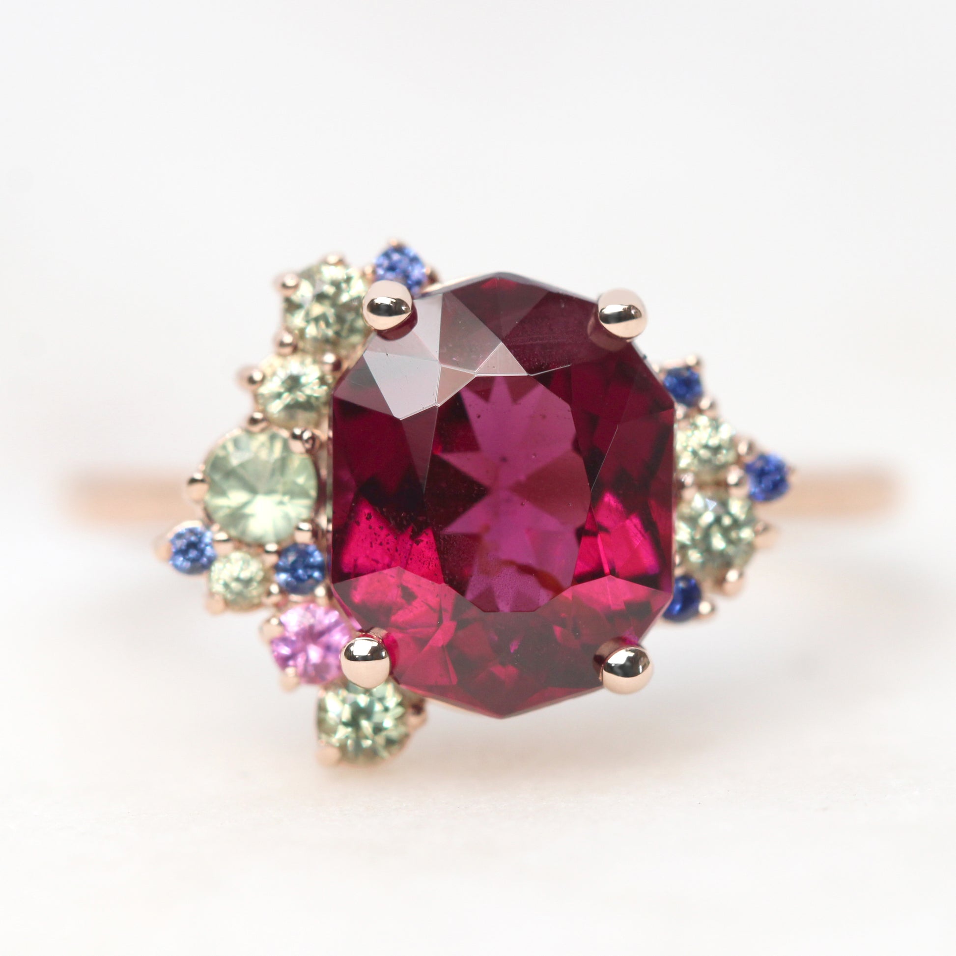 Orion Ring with a 3.06 Carat Geometric Oval Cut Garnet and Sapphire Accents in 14k Rose Gold - Ready to Size and Ship - Midwinter Co. Alternative Bridal Rings and Modern Fine Jewelry