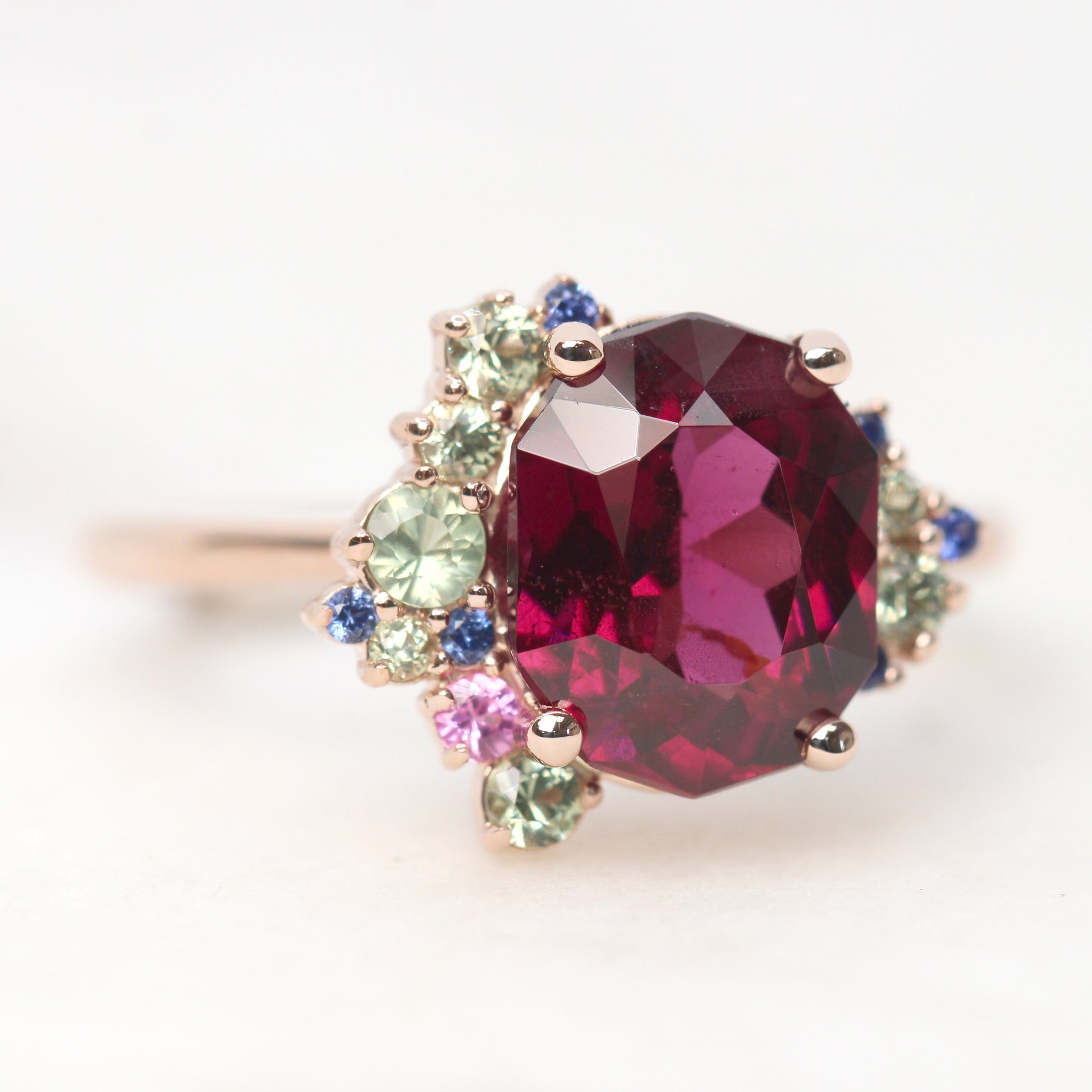 Orion Ring with a 3.06 Carat Geometric Oval Cut Garnet and Sapphire Accents in 14k Rose Gold - Ready to Size and Ship - Midwinter Co. Alternative Bridal Rings and Modern Fine Jewelry