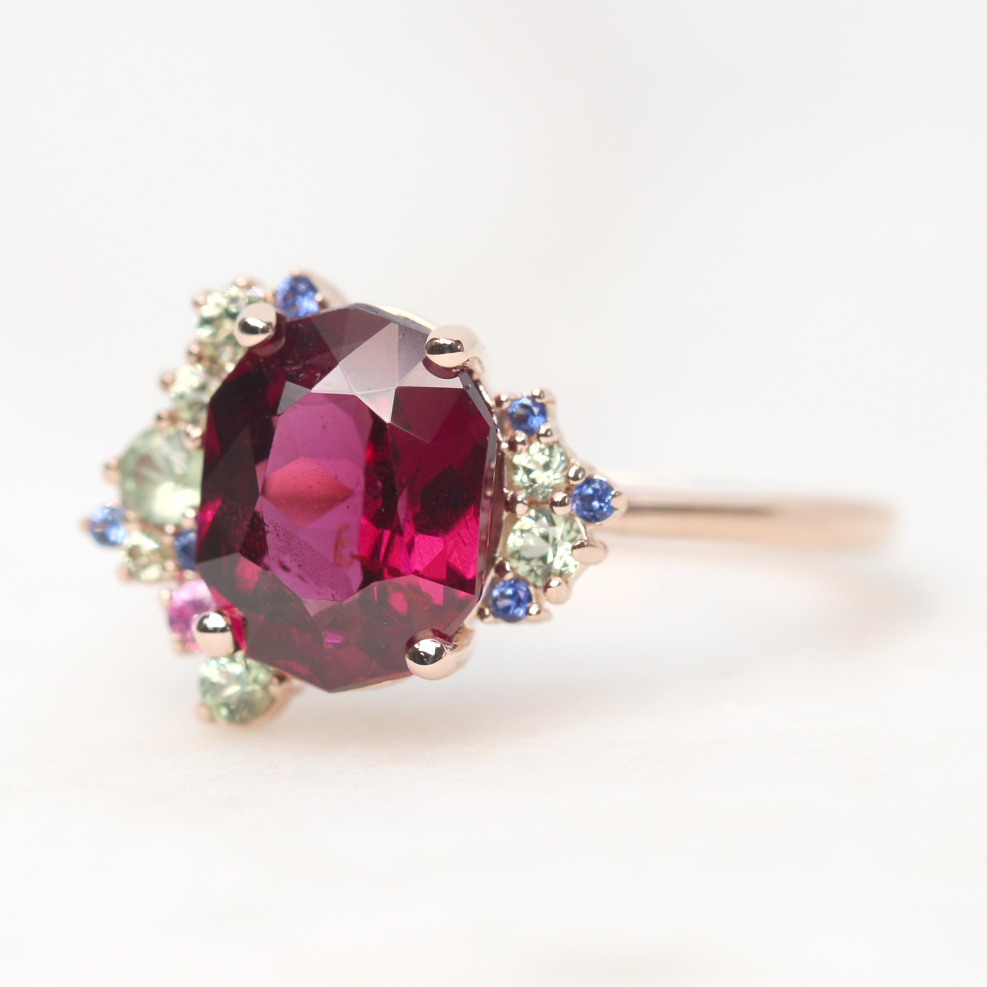 Orion Ring with a 3.06 Carat Geometric Oval Cut Garnet and Sapphire Accents in 14k Rose Gold - Ready to Size and Ship - Midwinter Co. Alternative Bridal Rings and Modern Fine Jewelry