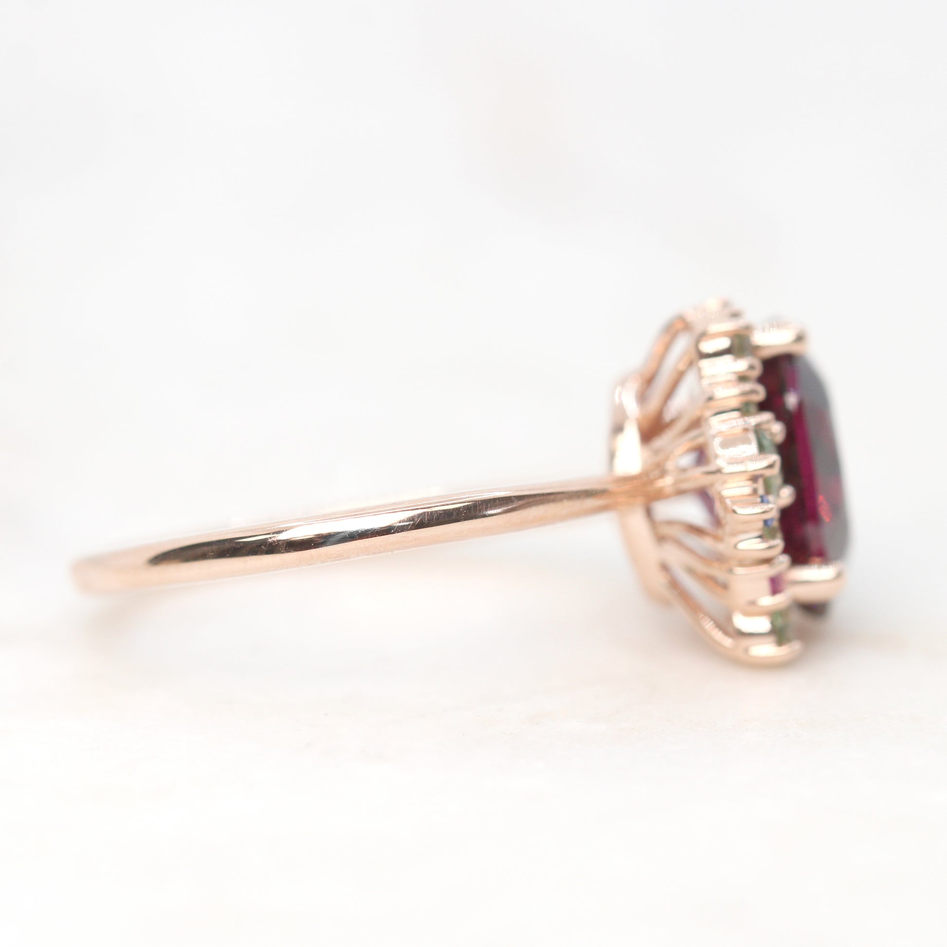 Orion Ring with a 3.06 Carat Geometric Oval Cut Garnet and Sapphire Accents in 14k Rose Gold - Ready to Size and Ship - Midwinter Co. Alternative Bridal Rings and Modern Fine Jewelry