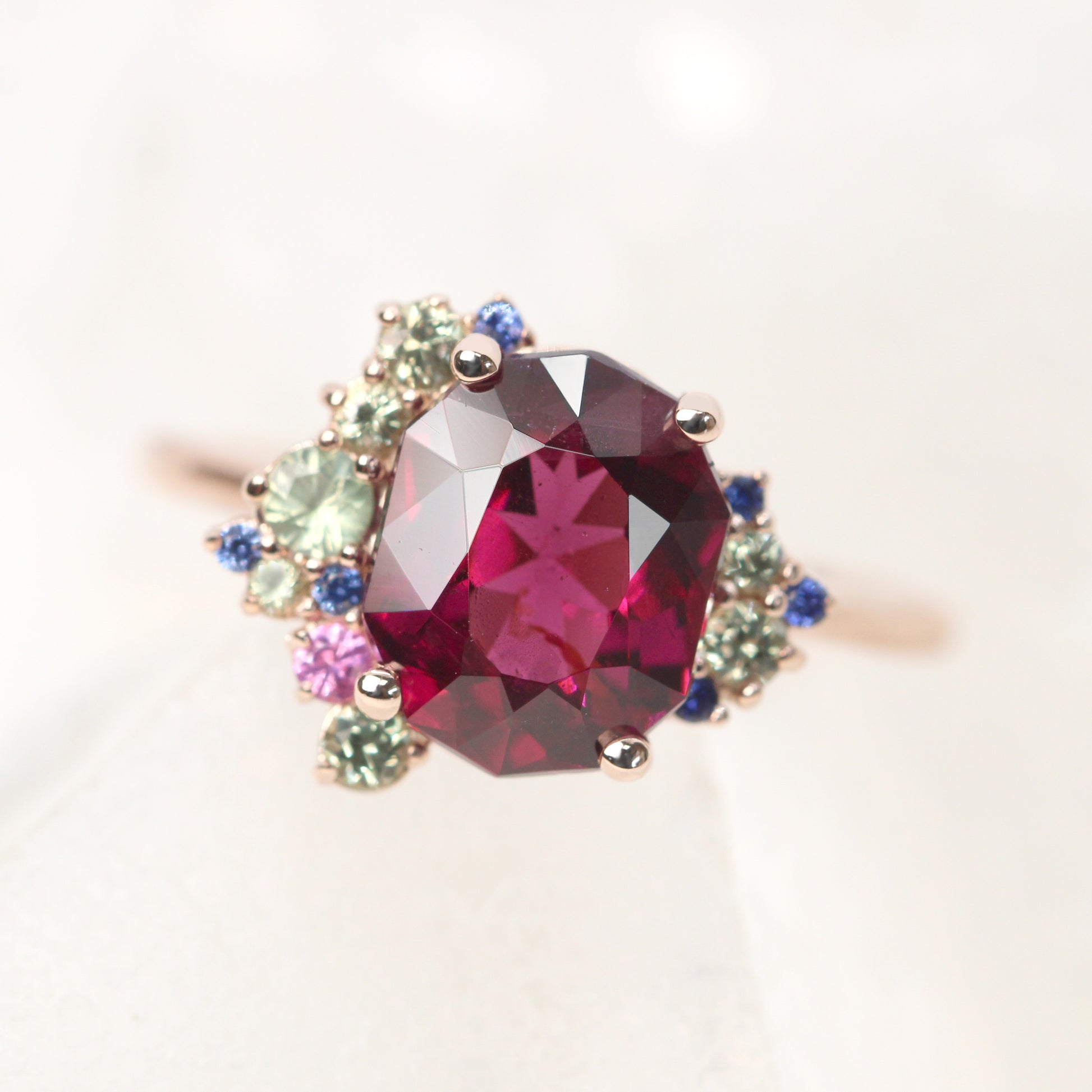 Orion Ring with a 3.06 Carat Geometric Oval Cut Garnet and Sapphire Accents in 14k Rose Gold - Ready to Size and Ship - Midwinter Co. Alternative Bridal Rings and Modern Fine Jewelry