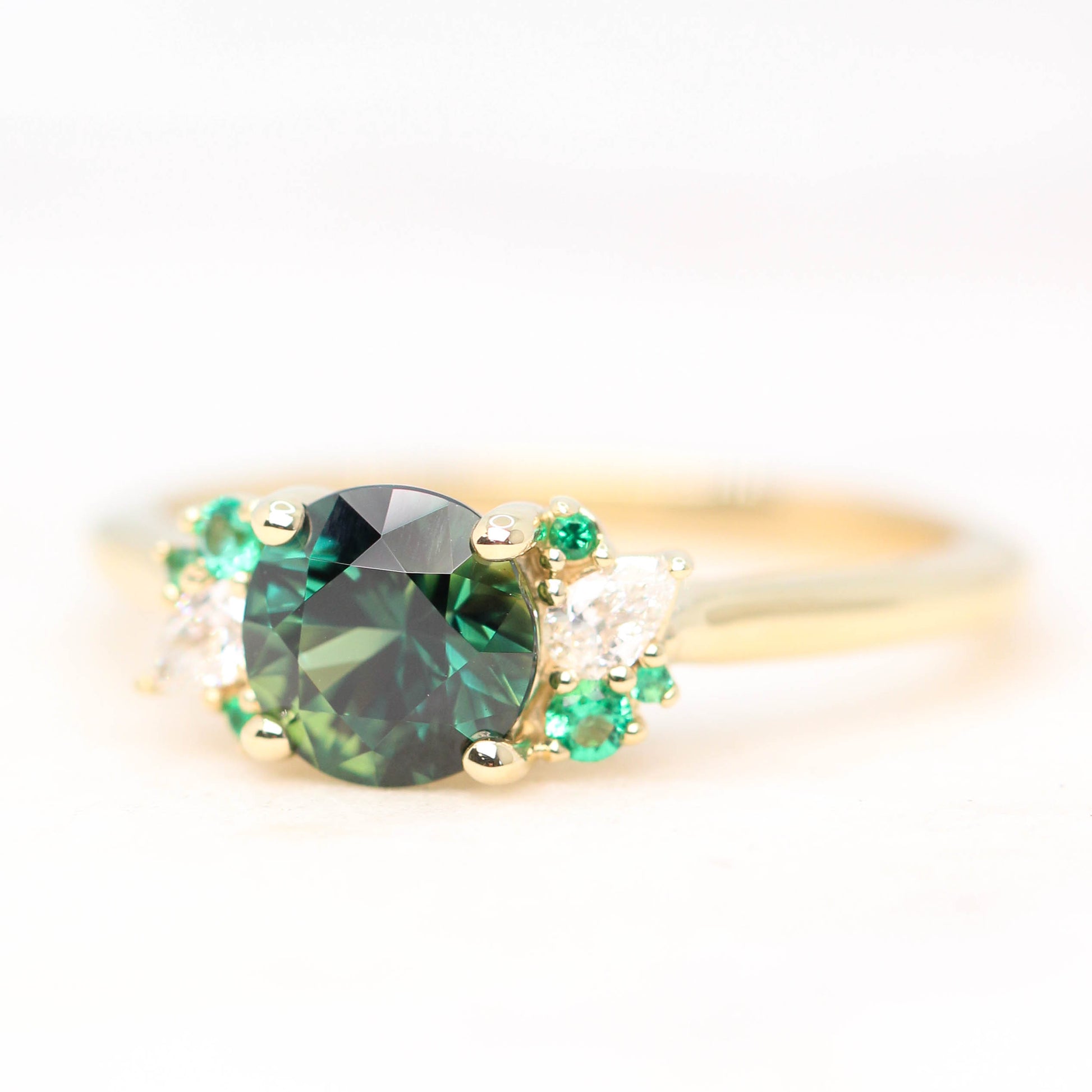 Sable Ring with a 1.30 Carat Round Sapphire and Emerald and Diamond Accents in 14k Yellow Gold - Ready to Size and Ship - Midwinter Co. Alternative Bridal Rings and Modern Fine Jewelry