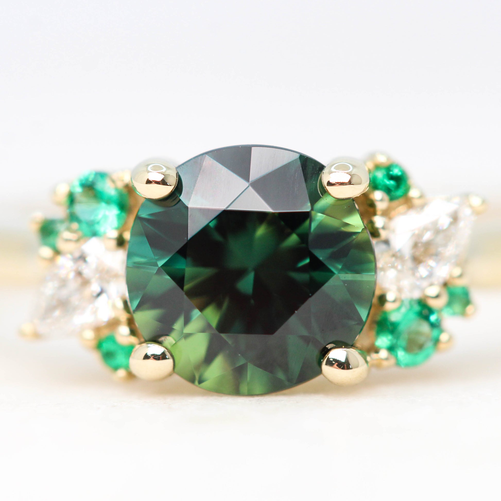 Sable Ring with a 1.30 Carat Round Sapphire and Emerald and Diamond Accents in 14k Yellow Gold - Ready to Size and Ship - Midwinter Co. Alternative Bridal Rings and Modern Fine Jewelry