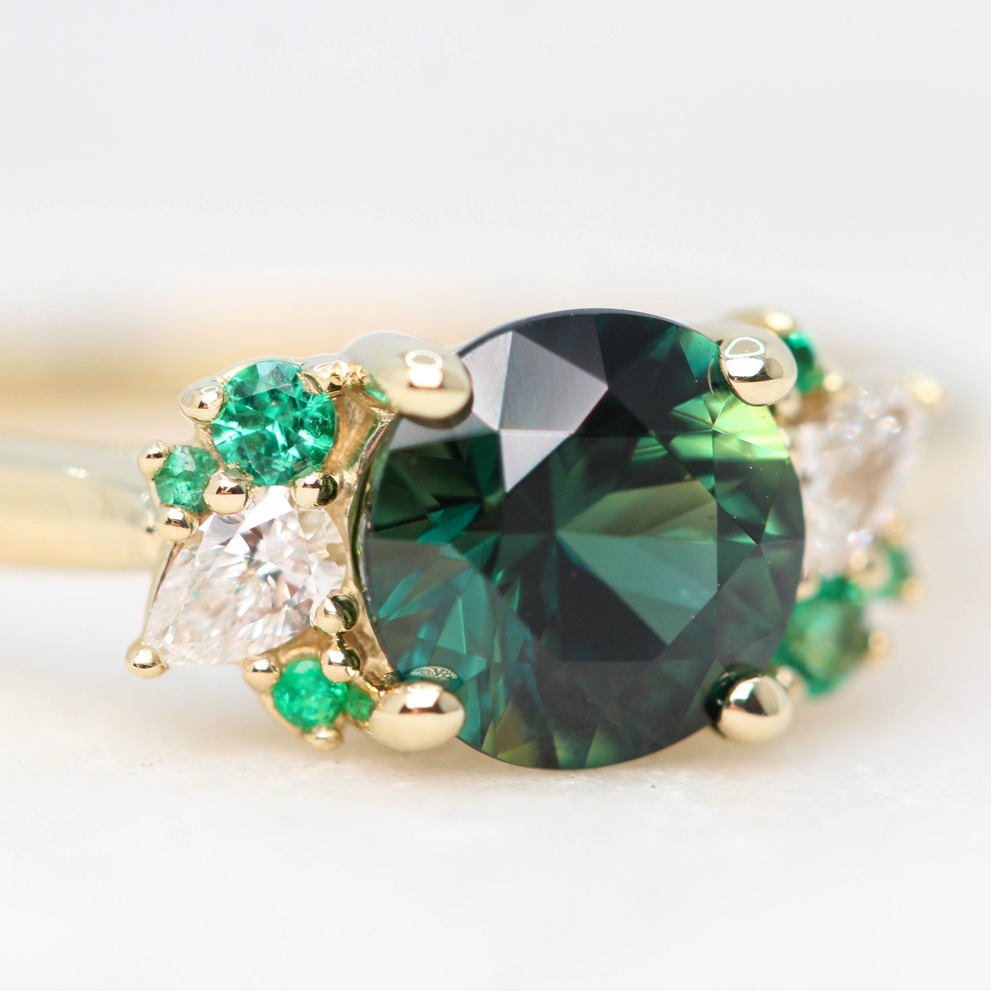 Sable Ring with a 1.30 Carat Round Sapphire and Emerald and Diamond Accents in 14k Yellow Gold - Ready to Size and Ship - Midwinter Co. Alternative Bridal Rings and Modern Fine Jewelry