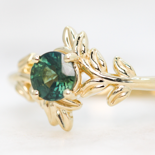 Sara Ring with a 0.94 Carat Round Teal Green Sapphire in 14k Yellow Gold - Ready to Size and Ship - Midwinter Co. Alternative Bridal Rings and Modern Fine Jewelry