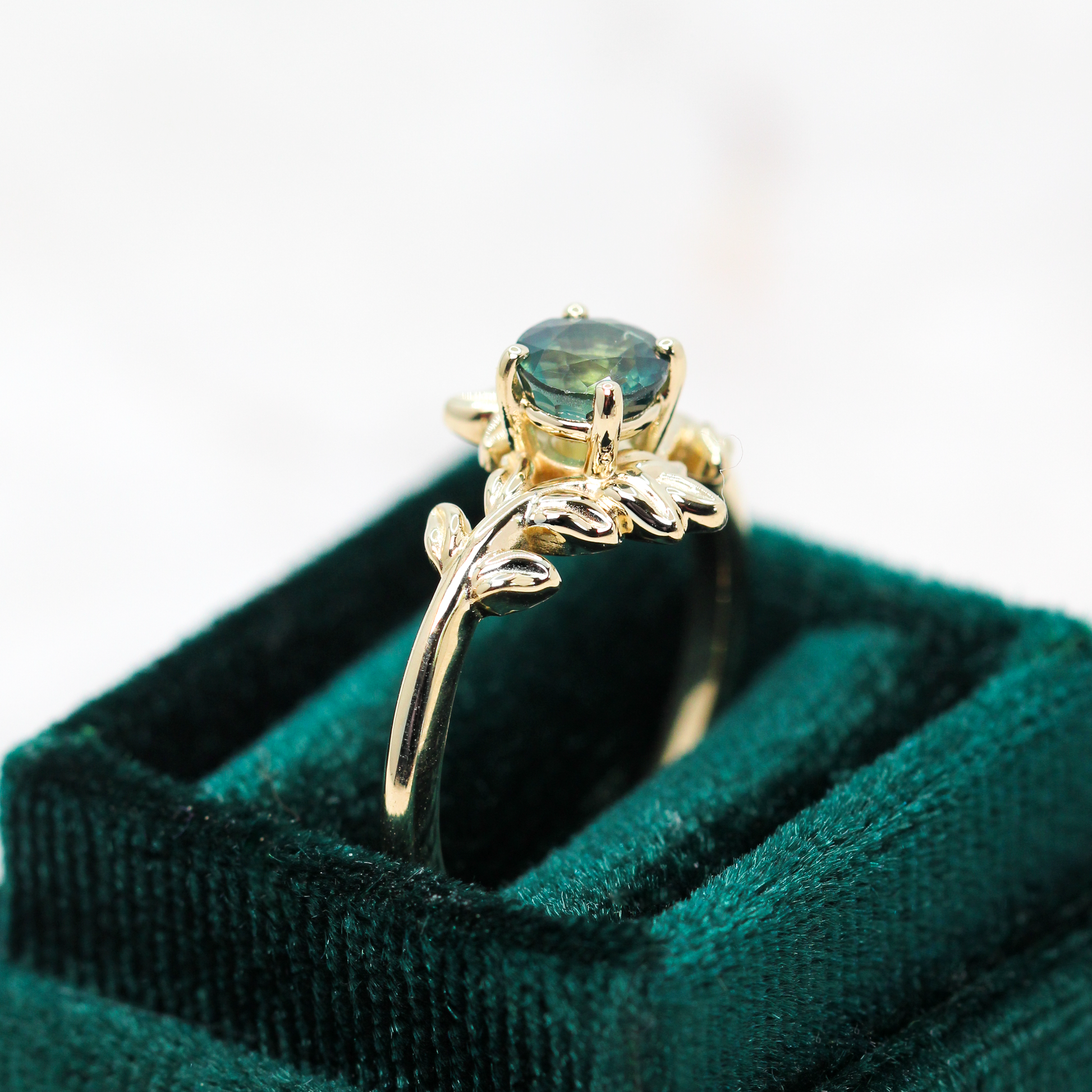 Sara Ring with a 0.94 Carat Round Teal Green Sapphire in 14k Yellow Gold - Ready to Size and Ship - Midwinter Co. Alternative Bridal Rings and Modern Fine Jewelry