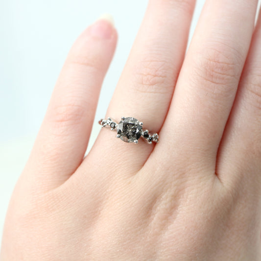 Zealan Ring with a 1.60 Carat Round Black Salt and Pepper Diamond and Black Accent Diamonds in 14k White Gold - Ready to Size and Ship