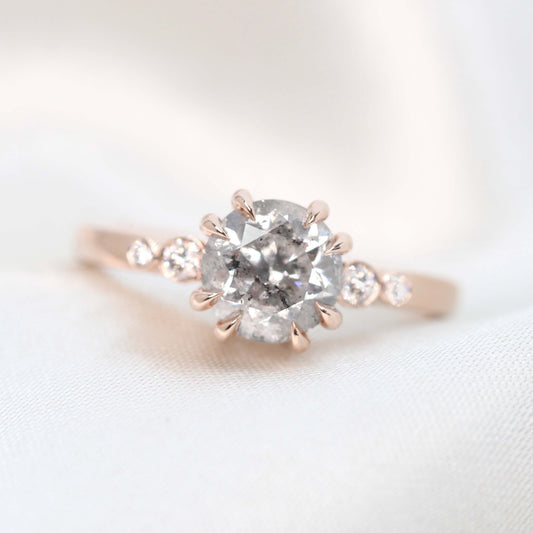 Joyce Ring with a 1.57 Carat Round Bright Gray Celestial Diamond and White Accent Diamonds in 14k Rose Gold - Ready to Size and Ship - Midwinter Co. Alternative Bridal Rings and Modern Fine Jewelry