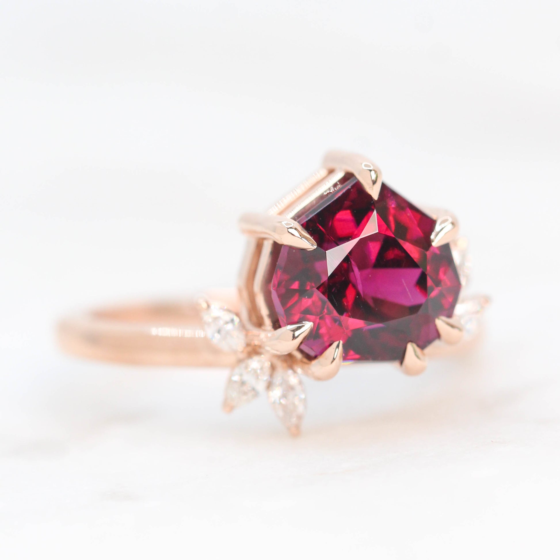 Chantell Ring with a 4.04 Carat Geometric Rhodolite Garnet and White Accent Diamonds in 14k Rose Gold with Matching Band - Ready to Size and Ship - Midwinter Co. Alternative Bridal Rings and Modern Fine Jewelry