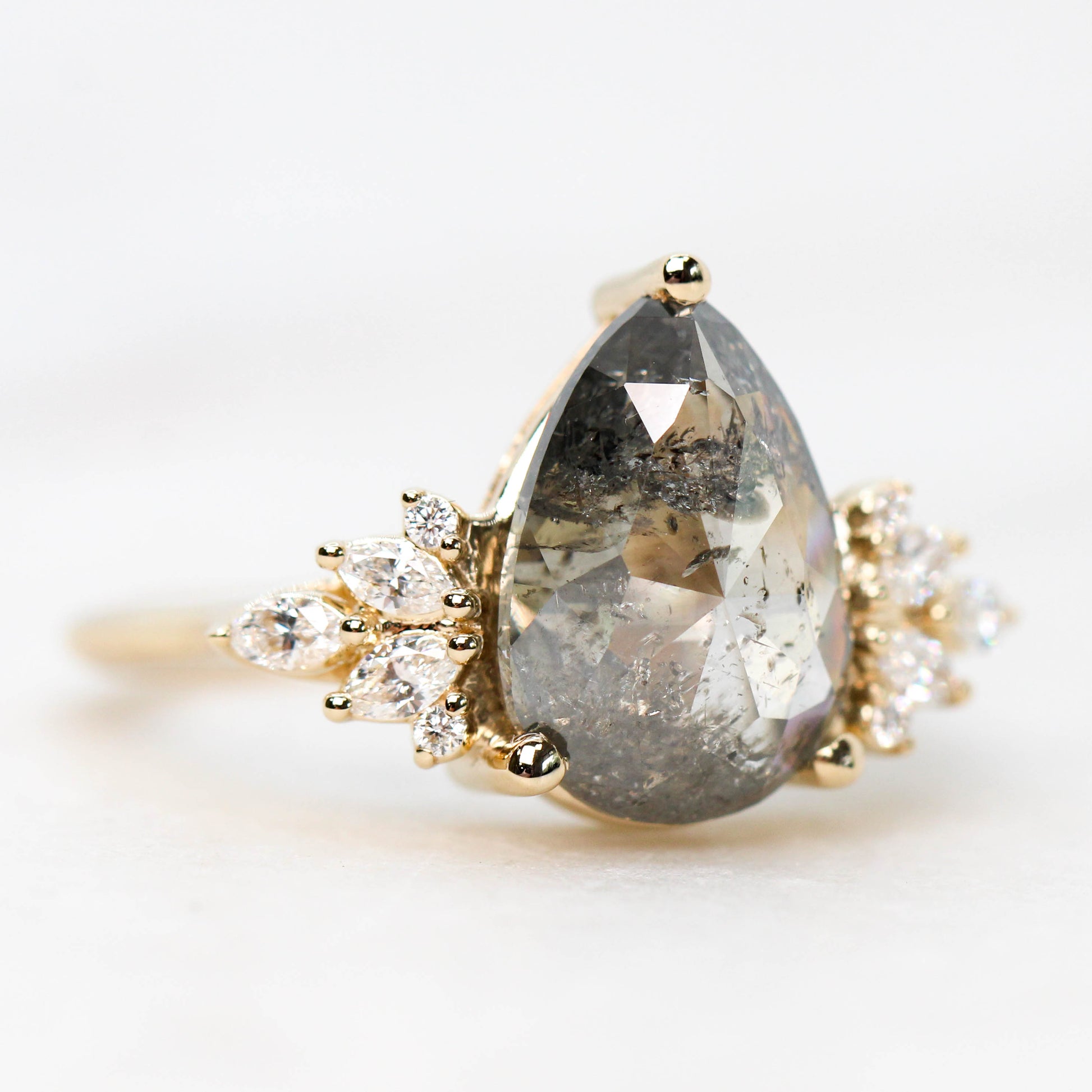 Odette Ring with a 3.29 Carat Dark and Clear Pear Diamond and White Accent Diamonds in 14k Yellow Gold - Ready to Size and Ship - Midwinter Co. Alternative Bridal Rings and Modern Fine Jewelry