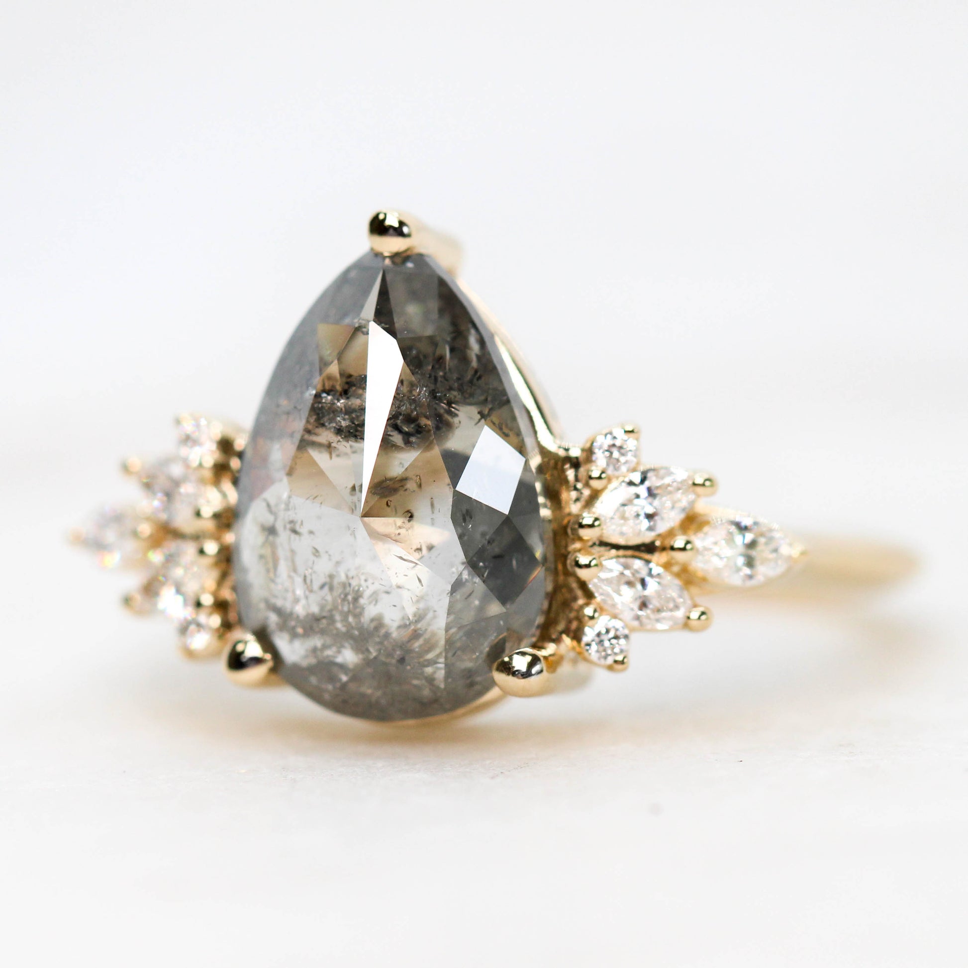 Odette Ring with a 3.29 Carat Dark and Clear Pear Diamond and White Accent Diamonds in 14k Yellow Gold - Ready to Size and Ship - Midwinter Co. Alternative Bridal Rings and Modern Fine Jewelry