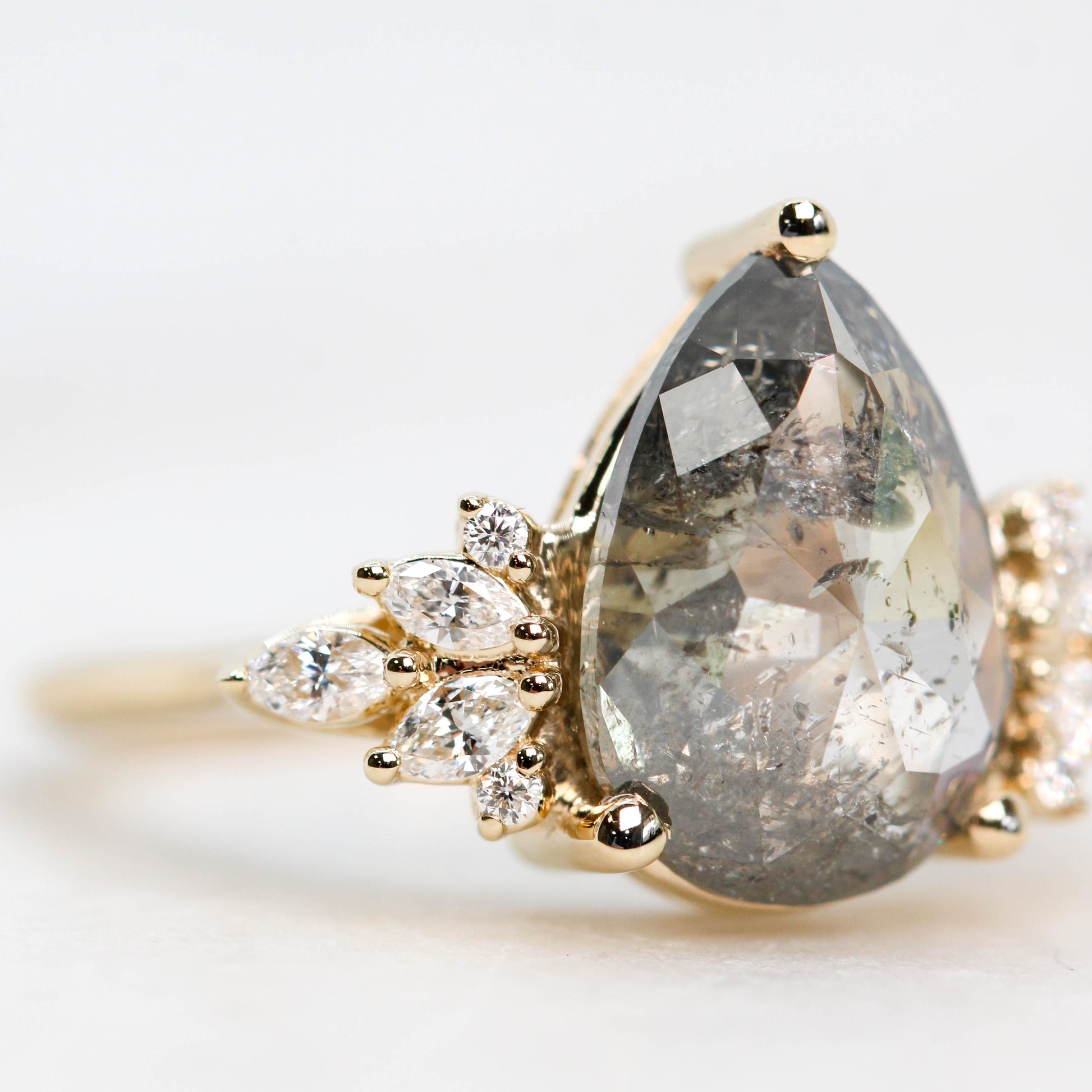 Odette Ring with a 3.29 Carat Dark and Clear Pear Diamond and White Accent Diamonds in 14k Yellow Gold - Ready to Size and Ship - Midwinter Co. Alternative Bridal Rings and Modern Fine Jewelry