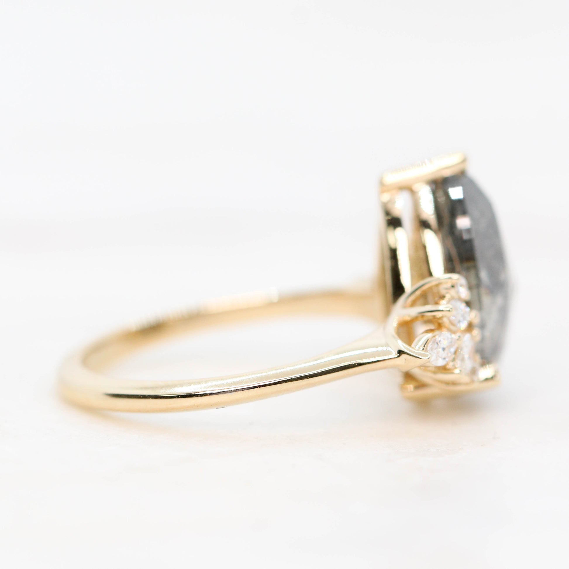 Odette Ring with a 3.29 Carat Dark and Clear Pear Diamond and White Accent Diamonds in 14k Yellow Gold - Ready to Size and Ship - Midwinter Co. Alternative Bridal Rings and Modern Fine Jewelry