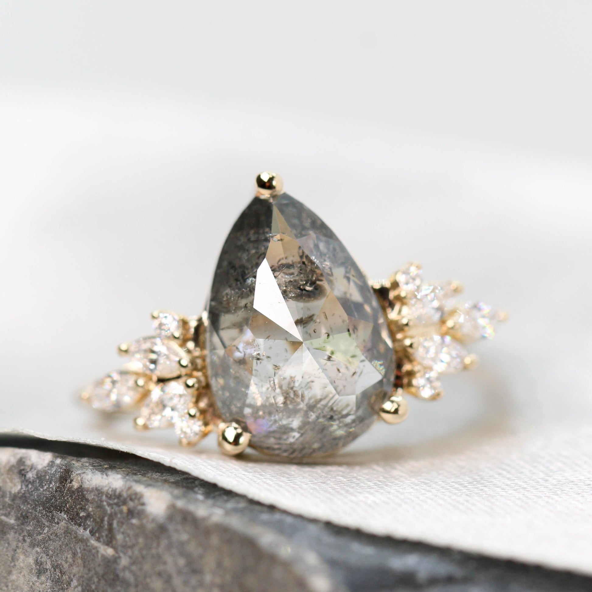 Odette Ring with a 3.29 Carat Dark and Clear Pear Diamond and White Accent Diamonds in 14k Yellow Gold - Ready to Size and Ship - Midwinter Co. Alternative Bridal Rings and Modern Fine Jewelry