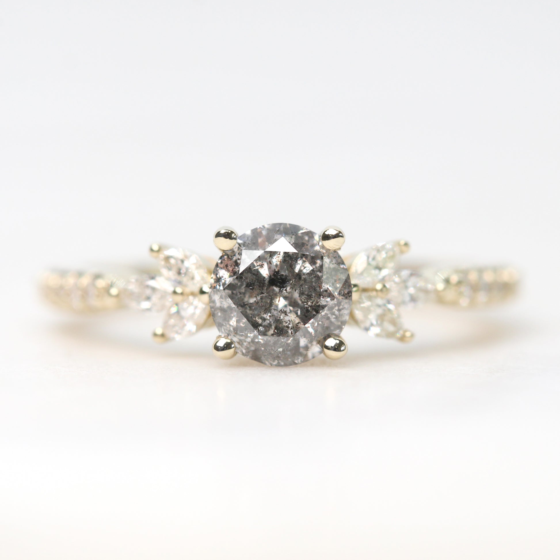 Betty Ring with a 1.05 Carat Round Dark Gray Celestial Diamond and White Accent Diamonds in 14k Yellow Gold - Ready to Size and Ship - Midwinter Co. Alternative Bridal Rings and Modern Fine Jewelry