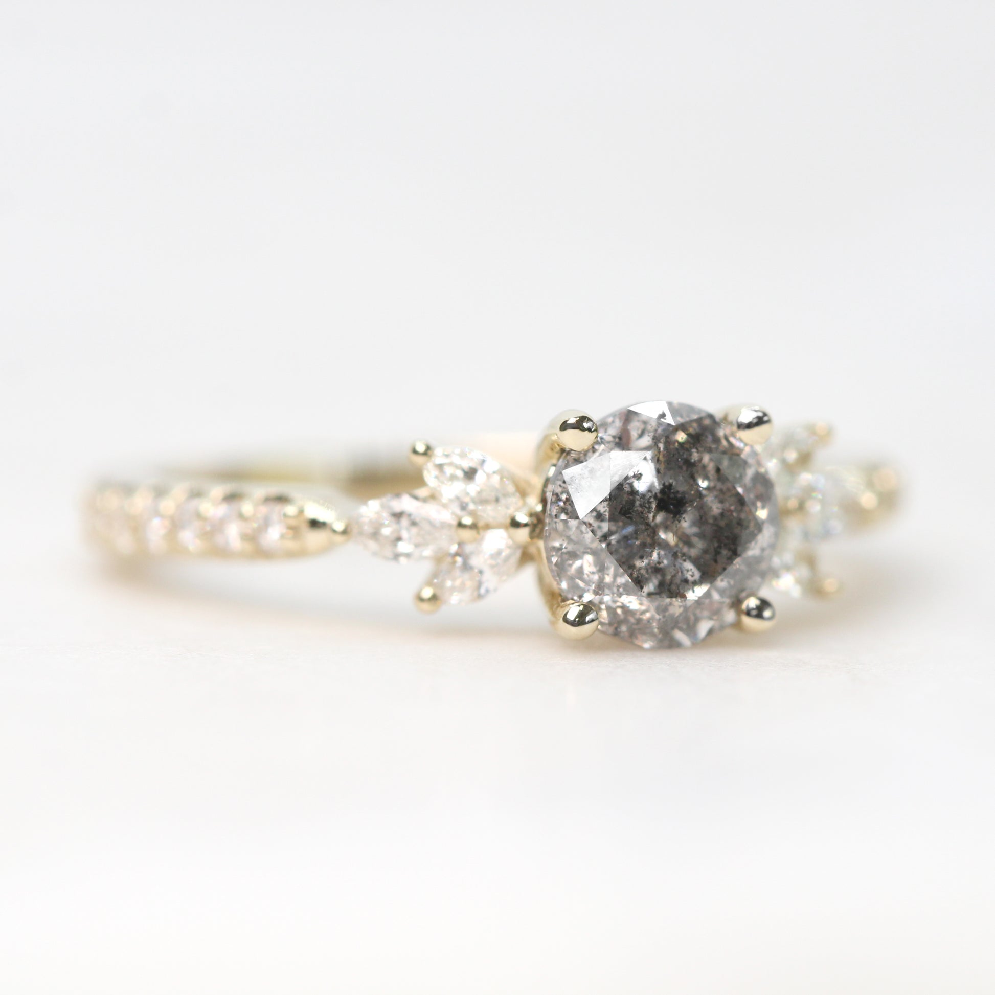 Betty Ring with a 1.05 Carat Round Dark Gray Celestial Diamond and White Accent Diamonds in 14k Yellow Gold - Ready to Size and Ship - Midwinter Co. Alternative Bridal Rings and Modern Fine Jewelry