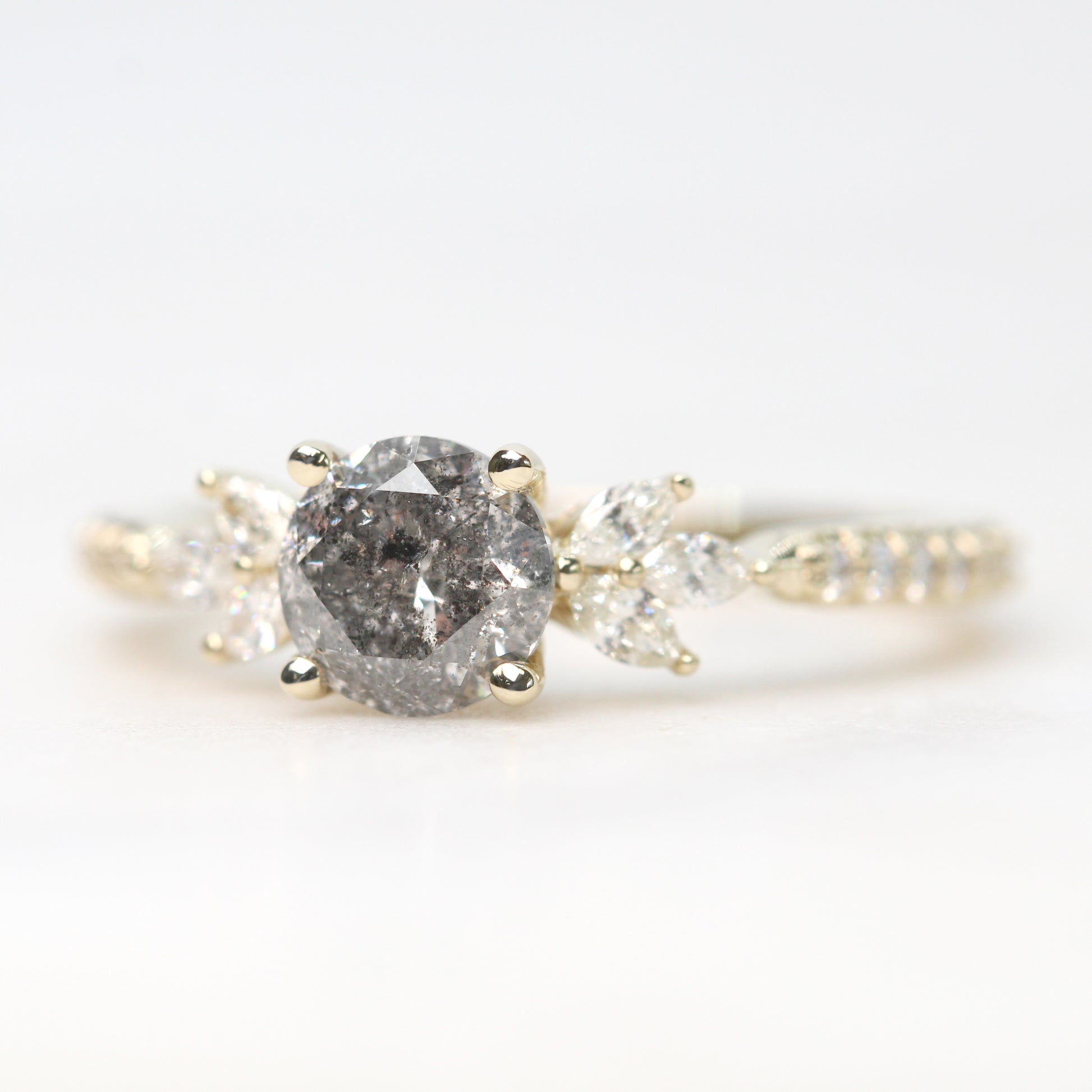 Betty Ring with a 1.05 Carat Round Dark Gray Celestial Diamond and White Accent Diamonds in 14k Yellow Gold - Ready to Size and Ship - Midwinter Co. Alternative Bridal Rings and Modern Fine Jewelry