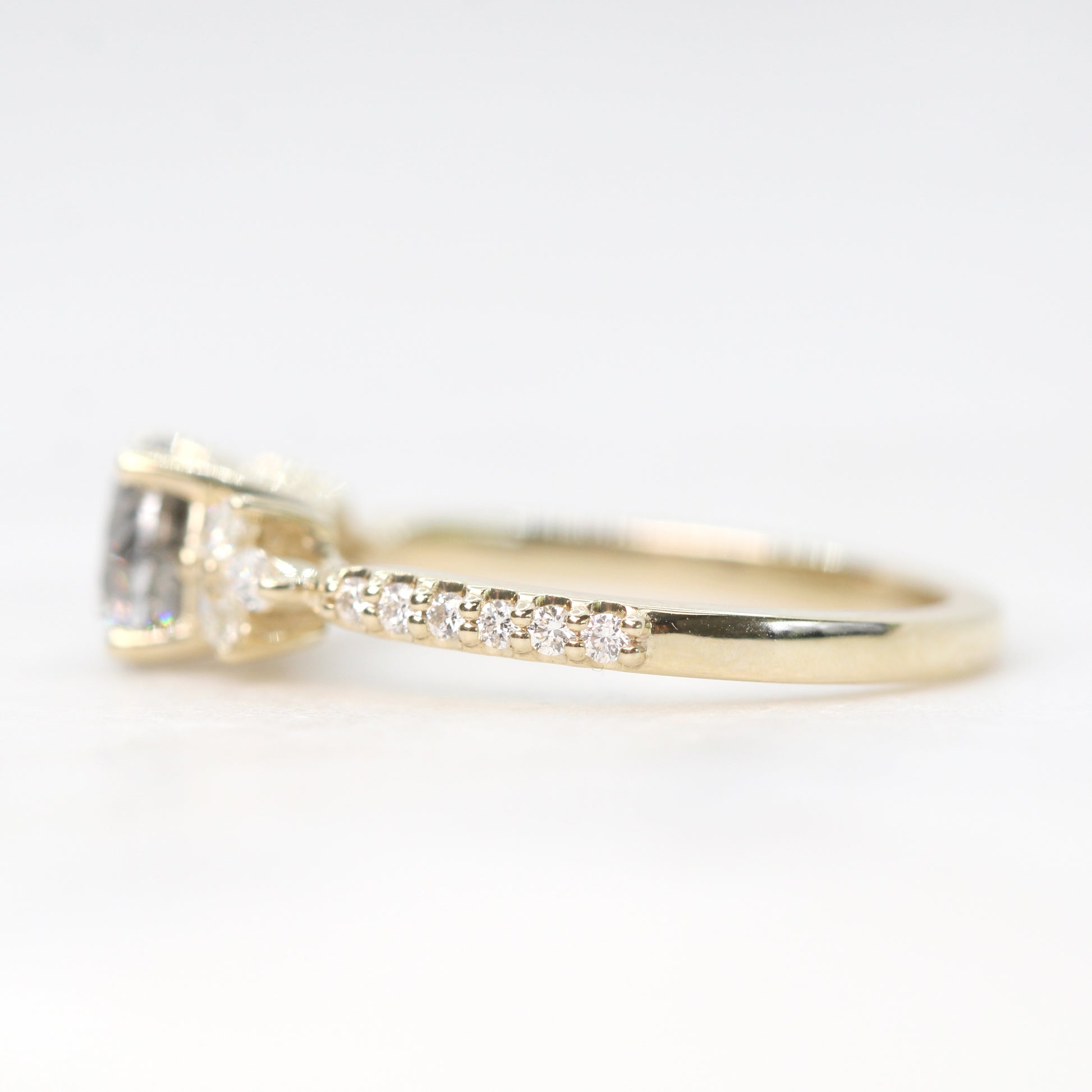 Betty Ring with a 1.05 Carat Round Dark Gray Celestial Diamond and White Accent Diamonds in 14k Yellow Gold - Ready to Size and Ship - Midwinter Co. Alternative Bridal Rings and Modern Fine Jewelry