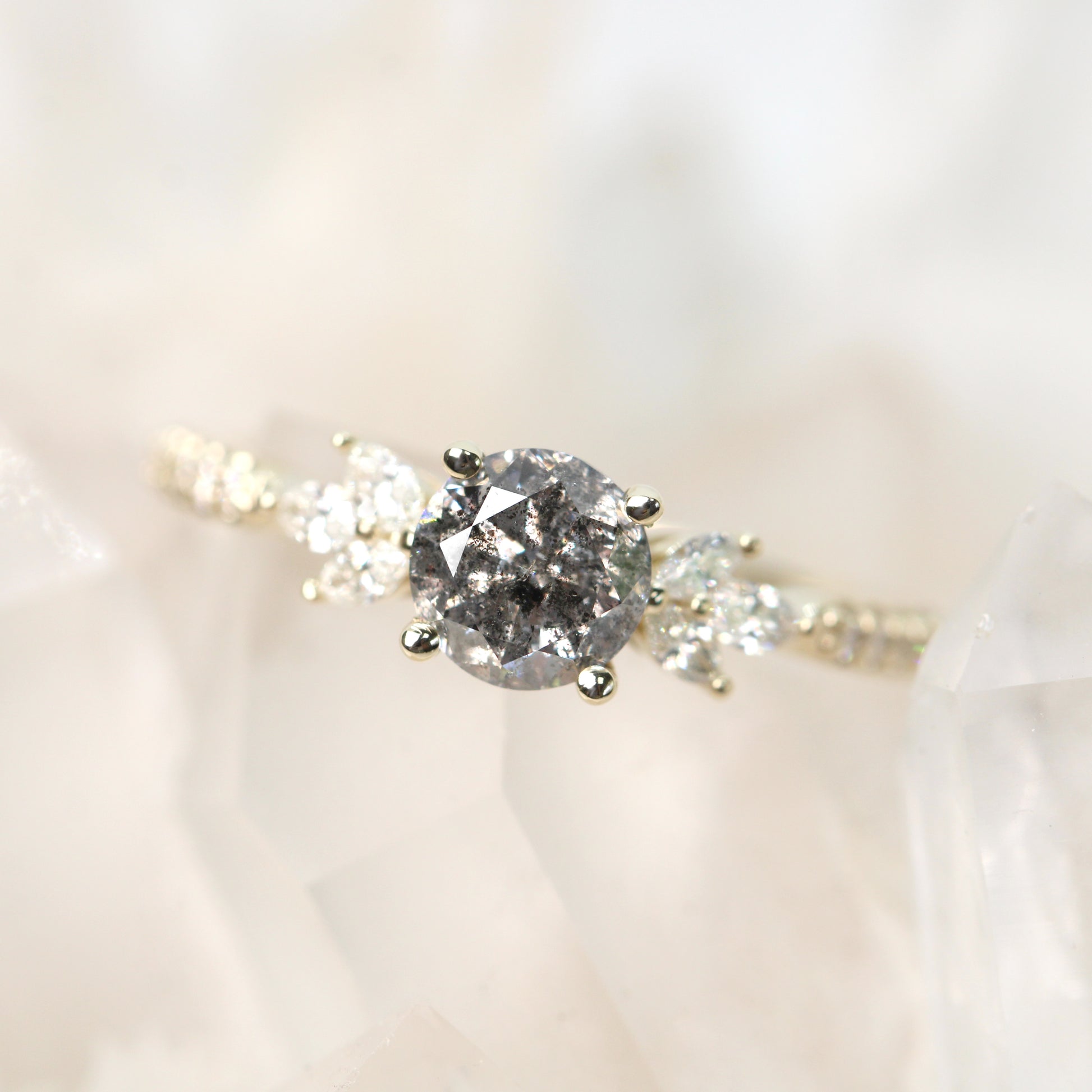 Betty Ring with a 1.05 Carat Round Dark Gray Celestial Diamond and White Accent Diamonds in 14k Yellow Gold - Ready to Size and Ship - Midwinter Co. Alternative Bridal Rings and Modern Fine Jewelry