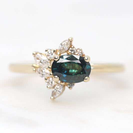 Amaya Ring with a 0.79 Carat Teal Oval Sapphire and White Accent Diamonds in 10k Yellow Gold - Ready to Size and Ship - Midwinter Co. Alternative Bridal Rings and Modern Fine Jewelry