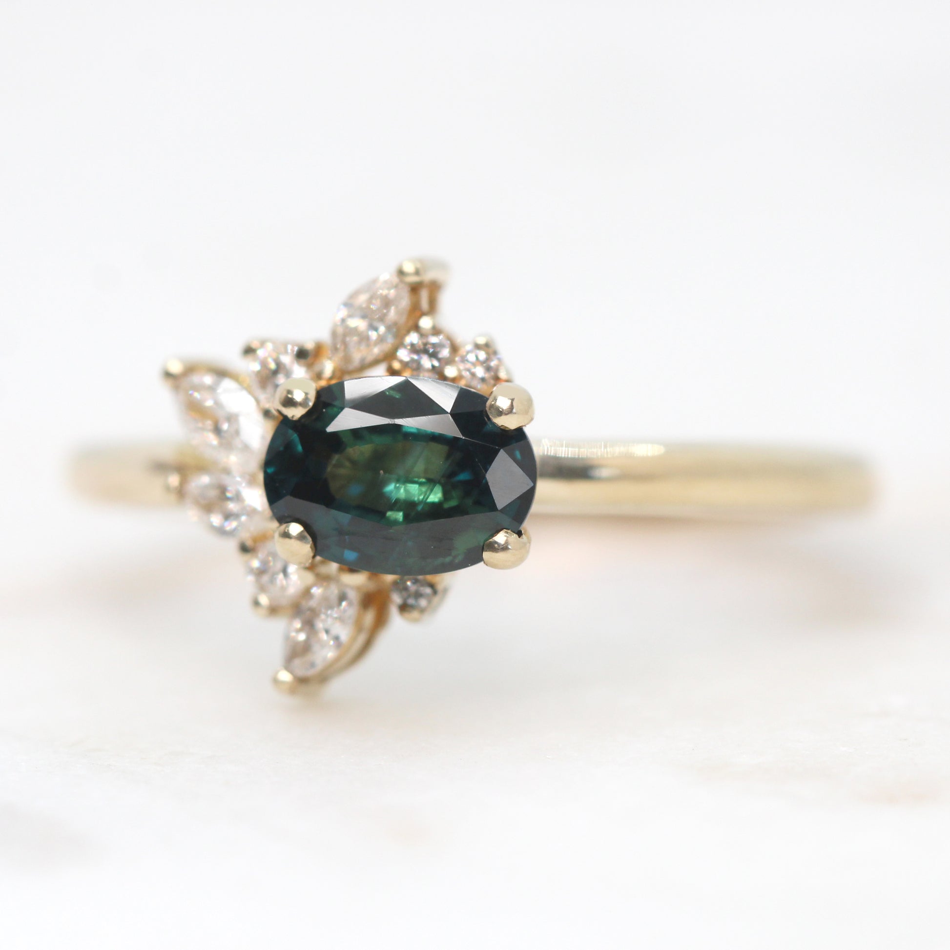 Amaya Ring with a 0.79 Carat Teal Oval Sapphire and White Accent Diamonds in 10k Yellow Gold - Ready to Size and Ship - Midwinter Co. Alternative Bridal Rings and Modern Fine Jewelry