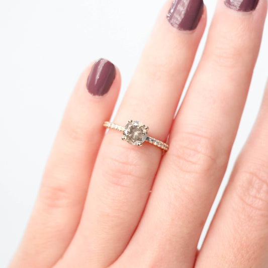 Pave Ring with a 0.99 Carat Round Gray Champagne Diamond and White Accent Diamonds in 14k Rose Gold - Ready to Size and Ship