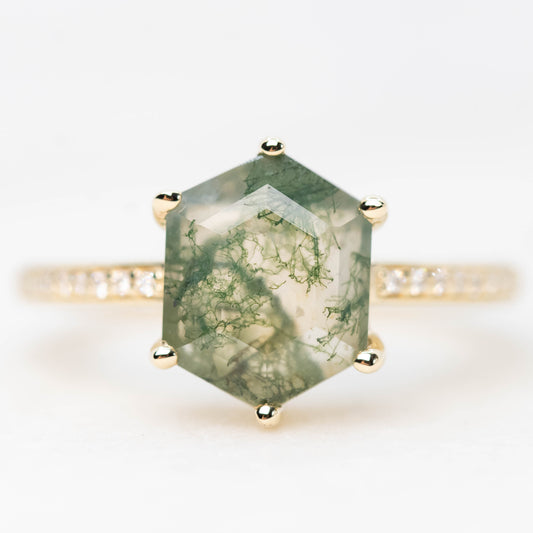 Imani Ring with a ~2.30 Carat Elongated Hexagon Moss Agate and White Accent Diamonds in 14k Yellow Gold - Ready to Size and Ship